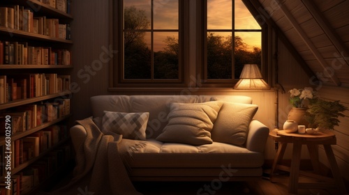 A cozy reading nook with textured walls and warm lighting, the high-resolution camera highlighting the comfortable and inviting atmosphere. © Nairobi 