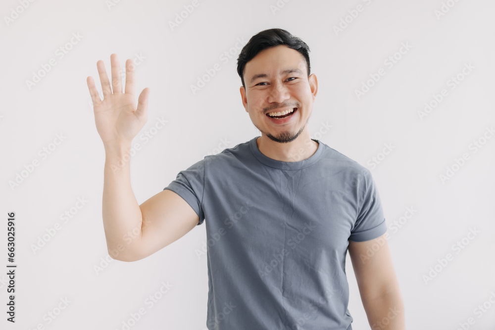 Happy asian man pop out for greeting and say hi, stand isolated on white. Happy asian man pop out for greeting and say hi, stand isolated on white.