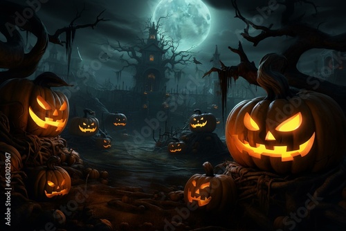 spooky halloween scene with eerie pumpkins. Generative AI