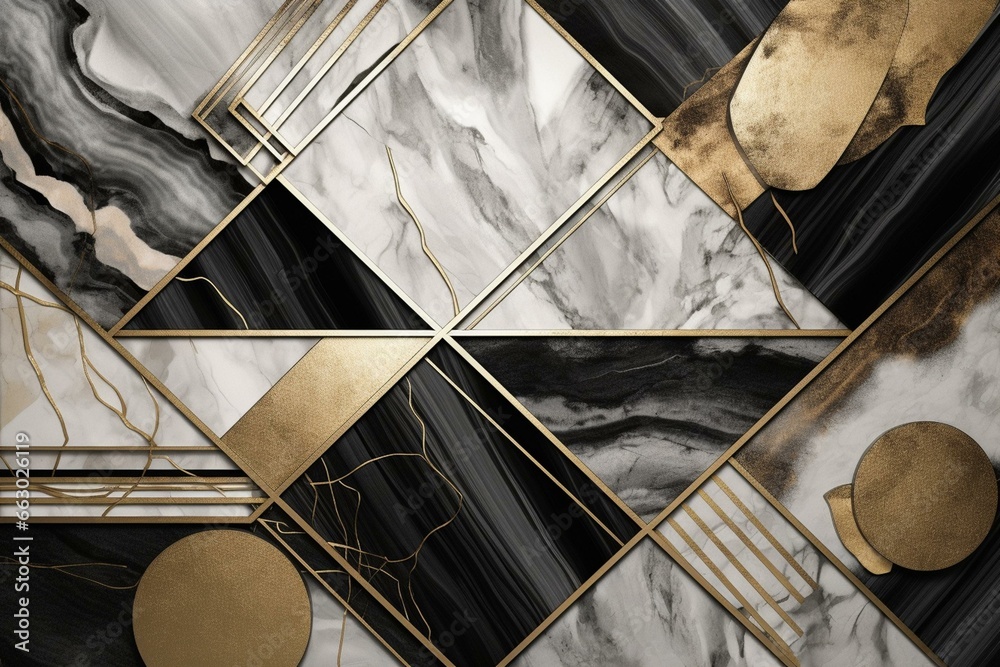 Fototapeta premium Abstract 3D mural wallpaper with golden lines, marble, wooden, and black shapes. Generative AI