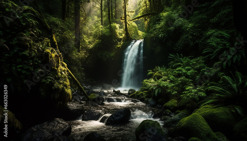 Tranquil scene of flowing water in lush tropical rainforest generated by AI