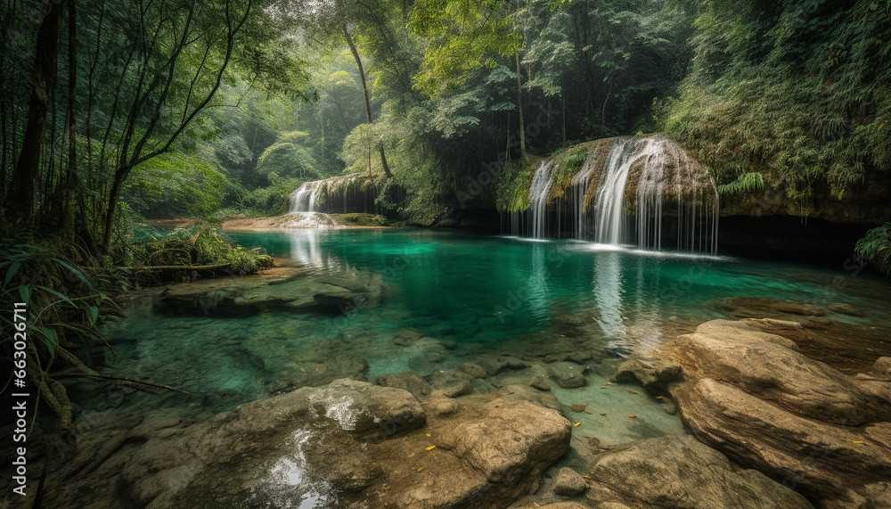 Tranquil tropical rainforest landscape, flowing water, majestic mountain beauty generated by AI