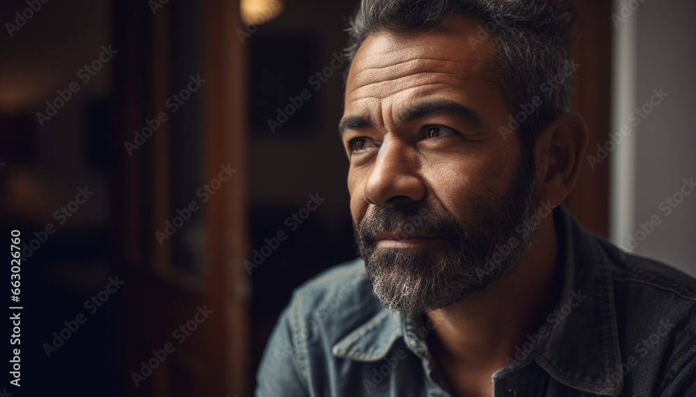 Confident mature man with gray stubble and serious expression indoors generated by AI Confident mature man with gray stubble and serious expression indoors generated by AI