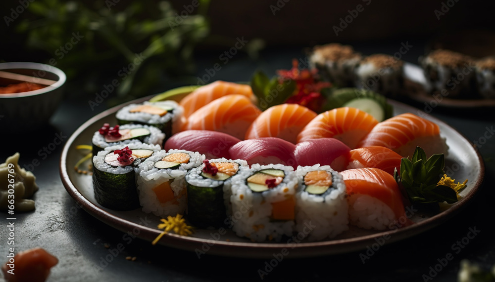 Fresh seafood plate with maki sushi and sashimi variation generated by AI Fresh seafood plate with maki sushi and sashimi variation generated by AI