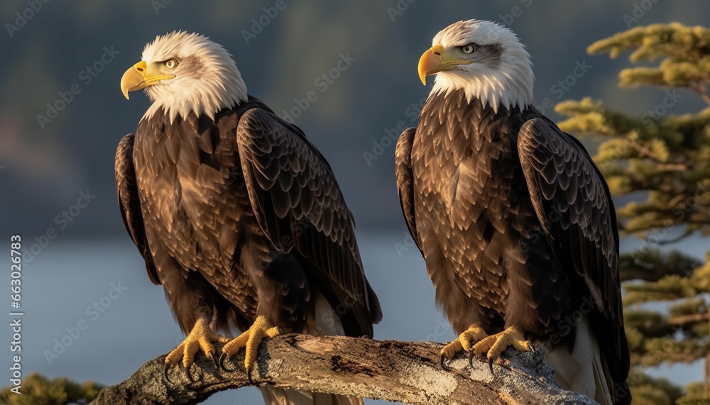 Majestic bird of prey perching on branch, talons ready to hunt generated by AI Majestic bird of prey perching on branch, talons ready to hunt generated by AI