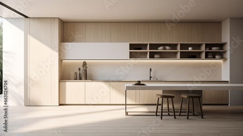 A minimalist kitchen with clean lines and neutral-toned interior walls  the HD camera highlighting the simplicity and functionality of the modern design.
