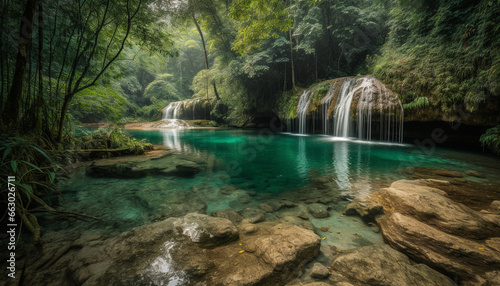 Tranquil tropical rainforest landscape  flowing water  majestic mountain beauty generated by AI