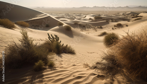 Sun kissed sand dunes ripple in majestic African landscape beauty generated by AI