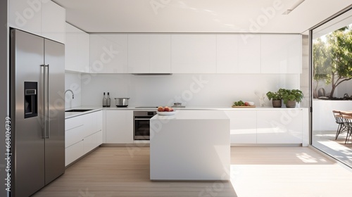 A minimalist kitchen with white walls and stainless steel appliances  the high-resolution camera emphasizing the clean and streamlined design.