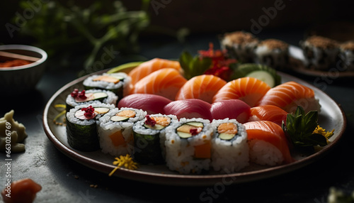 Fresh seafood plate with maki sushi and sashimi variation generated by AI