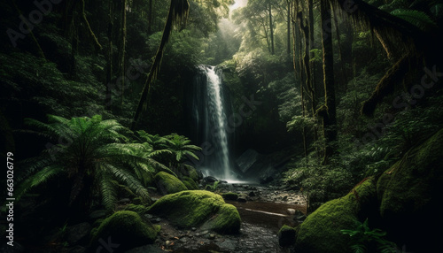 Tranquil scene of flowing water in tropical rainforest landscape generated by AI
