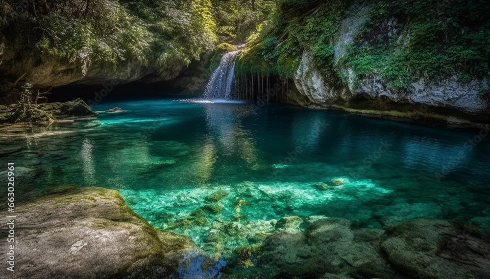 Tranquil scene of majestic mountain cliff with flowing water motion generated by AI Tranquil scene of majestic mountain cliff with flowing water motion generated by AI
