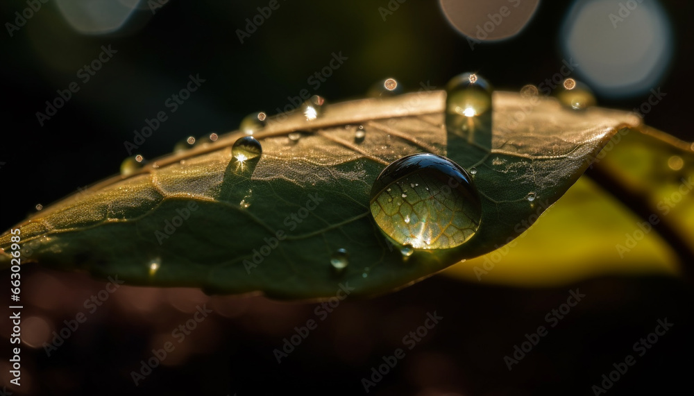 Fresh green leaves reflect dew drops, nature vibrant beauty shines generated by AI