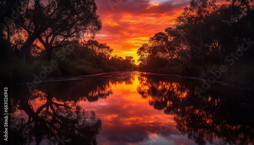 Tranquil scene of nature beauty in sunset silhouette over water generated by AI © djvstock