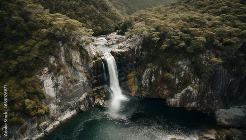 Tranquil scene of flowing water in majestic mountain range generated by AI