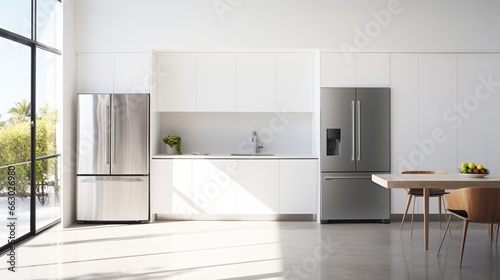 A minimalist kitchen with white walls and stainless steel appliances  the high-resolution camera emphasizing the clean and streamlined design.