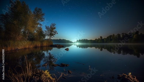 Tranquil scene of a dark forest with a Milky Way reflection generated by AI