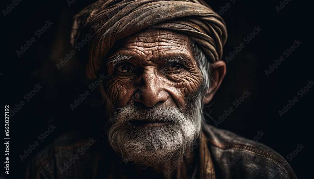 Senior man with gray hair and beard in traditional turban generated by AI