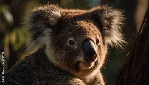 Endangered marsupial  koala  looking at camera in eucalyptus tree generated by AI