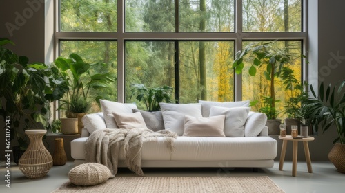 Elegant White Sofa Arrangement with Plaid and Knitted Cushions