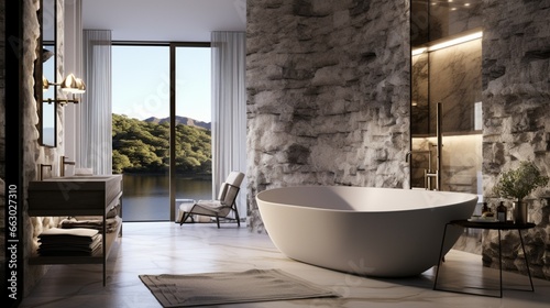 "An elegant, marble-clad bathtub under a cascading waterfall feature, creating a serene oasis."
