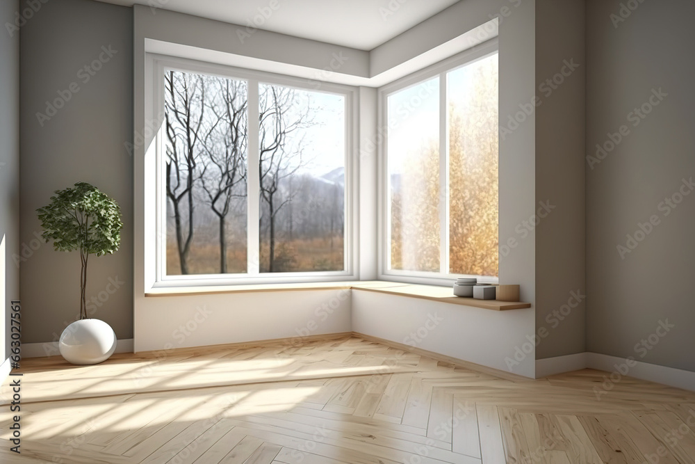 Fototapeta premium Empty interior corner with light beige walls, large window, light glossy parquet floor, and white plinth. Perspective. Window Work Path. 8K UHD, 7680x4320, 300 dpi. Generative AI