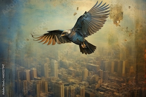 a bird soaring above an urban landscape with skyscrapers in the backdrop and a worn-out appearance. Generative AI