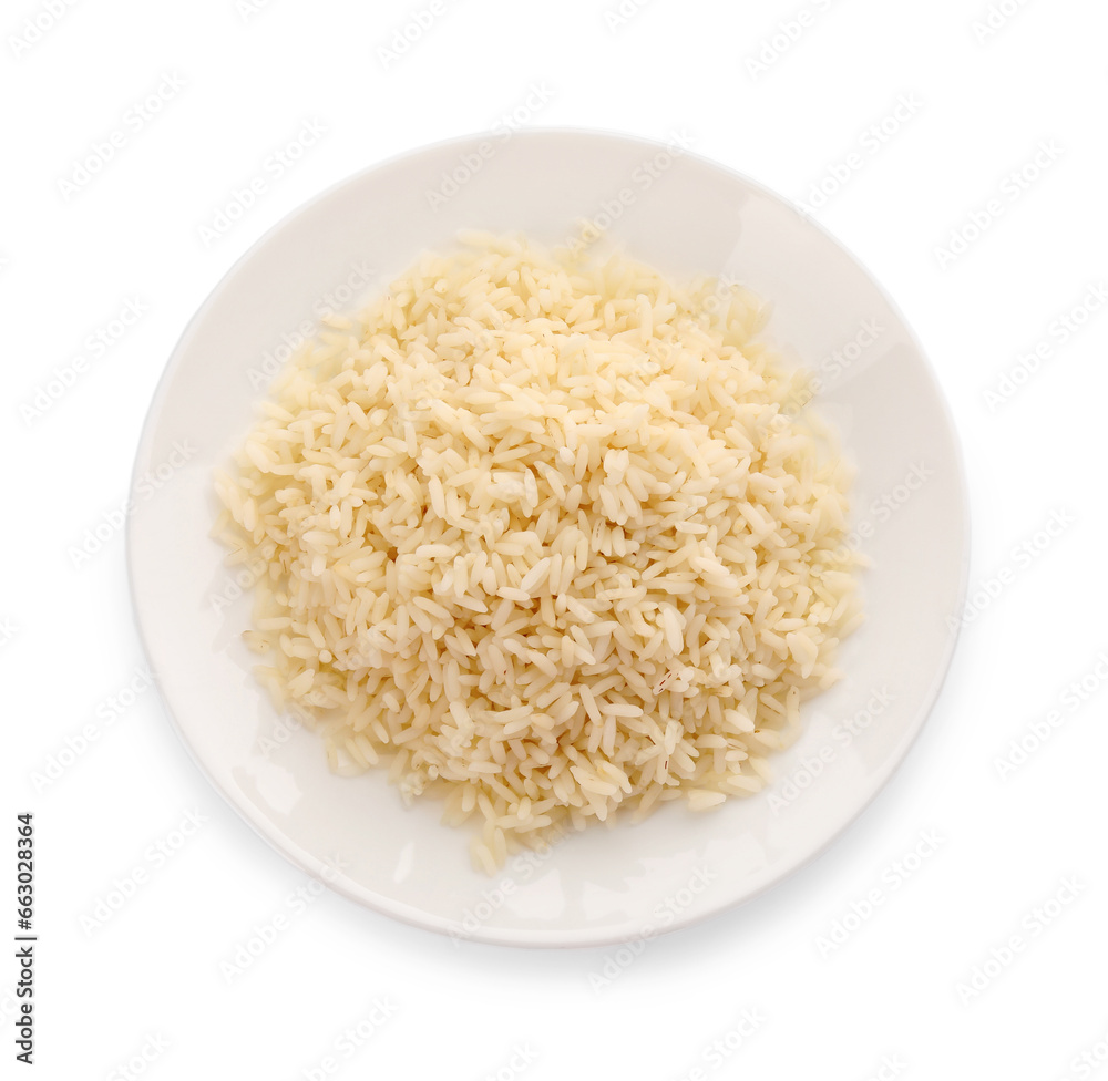 Plate with delicious rice isolated on white, top view Plate with delicious rice isolated on white, top view