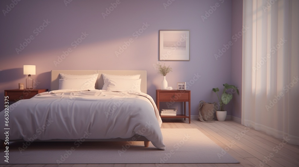 A serene bedroom with soft lavender walls and minimalist decor, the HD camera capturing the tranquil and calming ambiance of the space. A serene bedroom with soft lavender walls and minimalist decor, the HD camera capturing the tranquil and calming ambiance of the space.