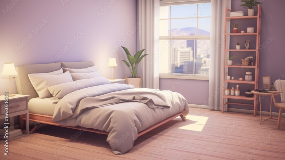 A serene bedroom with soft lavender walls and minimalist decor, the HD camera capturing the tranquil and calming ambiance of the space. A serene bedroom with soft lavender walls and minimalist decor, the HD camera capturing the tranquil and calming ambiance of the space.