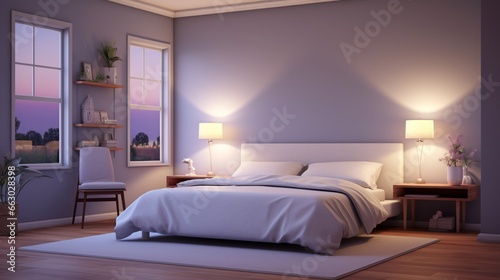 A serene bedroom with soft lavender walls and minimalist decor, the HD camera capturing the tranquil and calming ambiance of the space. © Nairobi 