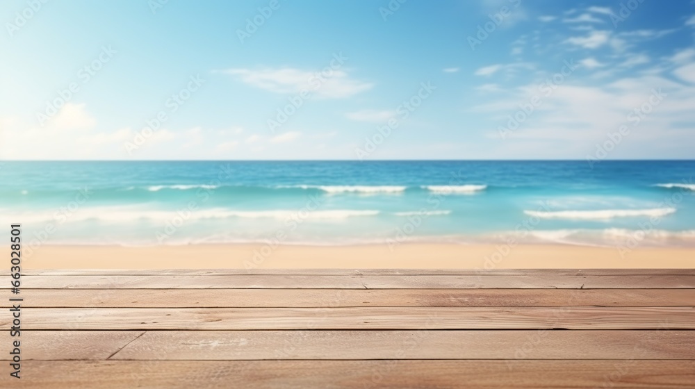 Seaside Product Showcase. An empty wooden table against a stunning beach backdrop in daylight
Seaside Product Showcase. An empty wooden table against a stunning beach backdrop in daylight