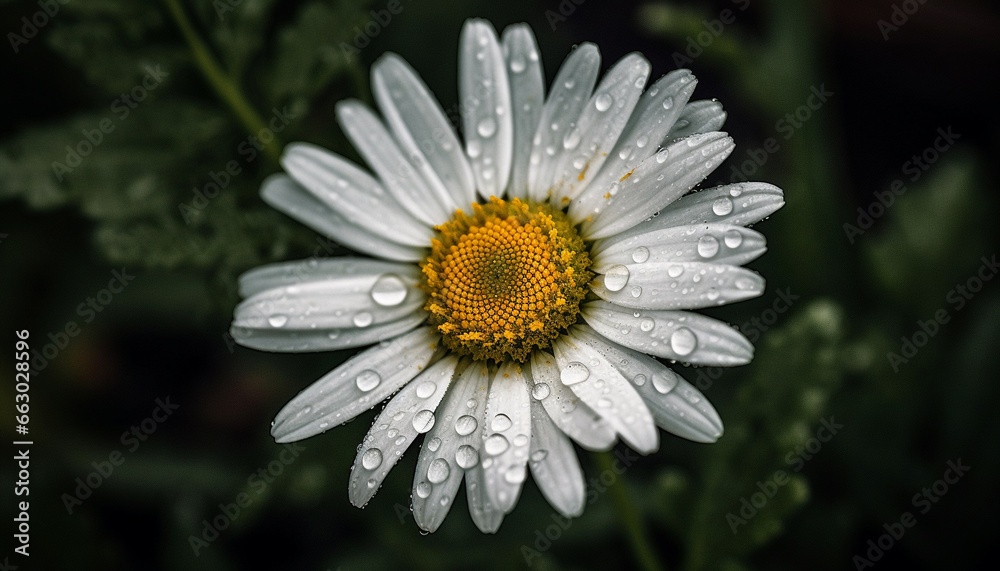 Fototapeta premium Vibrant chamomile blossom reflects wet meadow in summer raindrop generated by AI