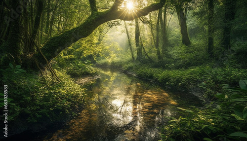 Tranquil scene of a forest with green trees and sunlight generated by AI © Stockgiu