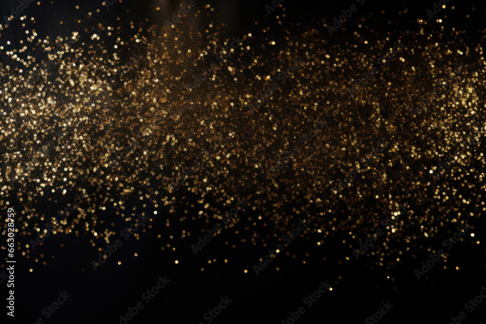 Gold glitter sparkles black background. Christmas background.