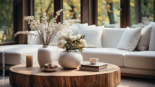 Natural Wooden Accent Coffee Table Near Sofa for Relaxing Space