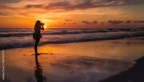 One woman silhouette reflects beauty in nature at dusk generated by AI