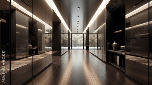 A sleek and modern hallway with mirrored walls, the high-definition camera capturing the illusion of space and the contemporary design.