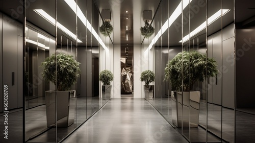 A sleek and modern hallway with mirrored walls, the high-resolution camera capturing the illusion of space and the contemporary design. © Nairobi 