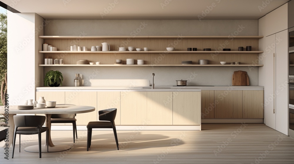 A sleek and modern kitchen with open shelving and neutral walls, the high-definition camera emphasizing the clean and functional design. A sleek and modern kitchen with open shelving and neutral walls, the high-definition camera emphasizing the clean and functional design.