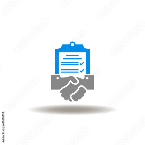 Vector illustration of handshake and check list. Icon of deal conclusion. Symbol of trust. Sign of terms and conditions.