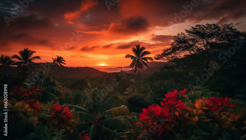 Tranquil sunset over tropical palm tree coastline, nature vibrant beauty generated by AI