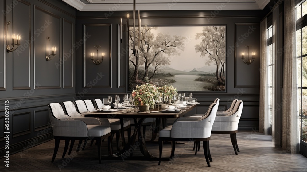 A sophisticated dining room with textured interior walls, the high-definition camera capturing the elegance and timeless design of the formal entertaining space.