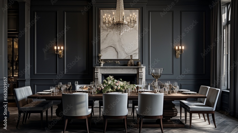 A sophisticated dining room with textured interior walls, the high-definition camera capturing the elegance and timeless design of the formal entertaining space.