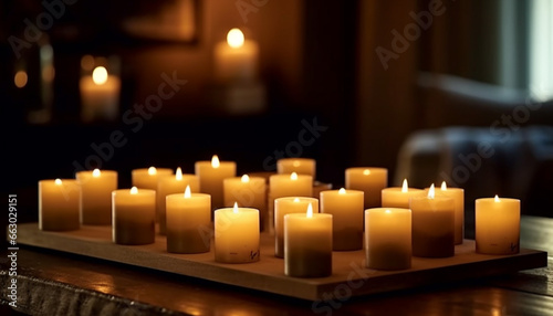 Glowing candle illuminates tranquil scene, symbol of spirituality and relaxation generated by AI