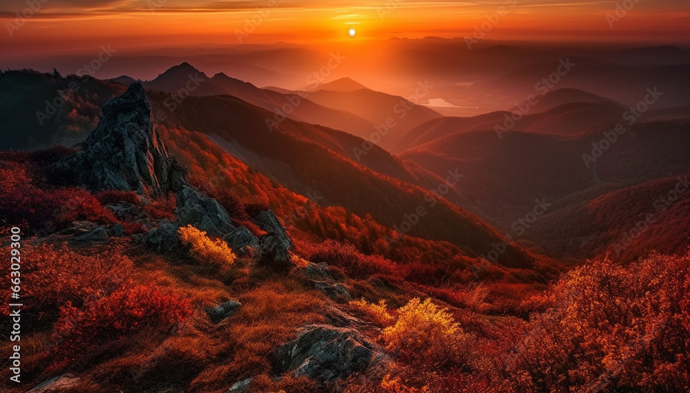 Majestic mountain peak at dawn, surrounded by autumn forest beauty generated by AI