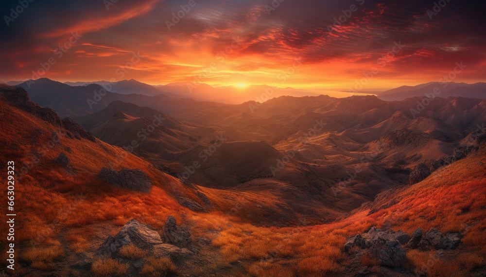 Majestic mountain range, tranquil sunrise, panoramic horizon, heaven on earth generated by AI