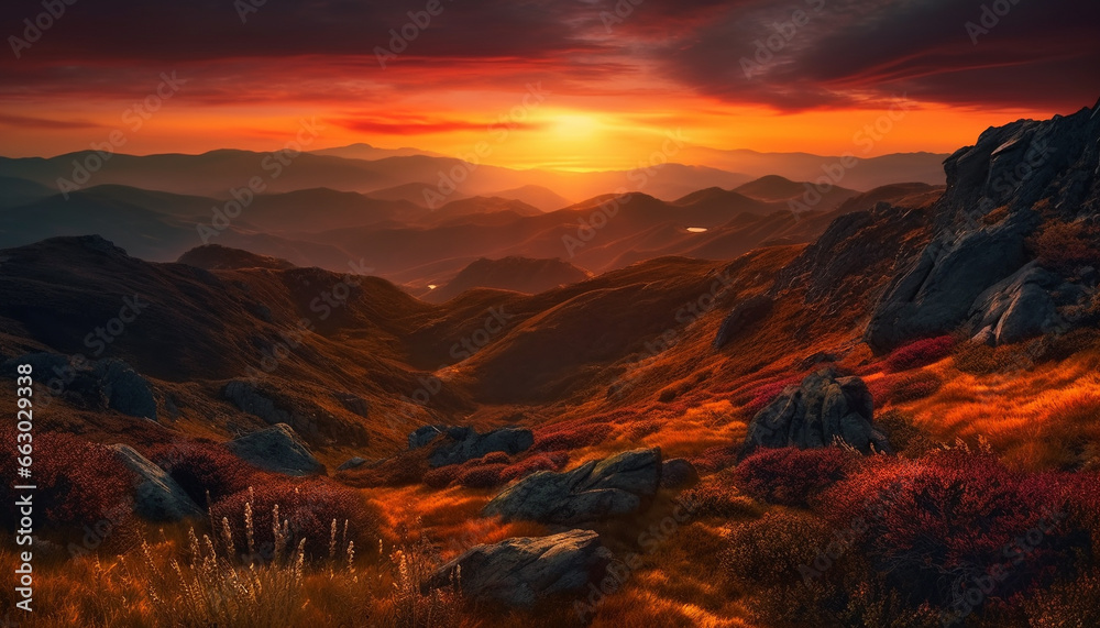 Tranquil mountain landscape, majestic peak, colorful sunset, serene outdoors generated by AI