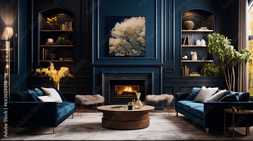 A sophisticated living room with deep blue accent walls and luxurious furnishings, the HD camera ...