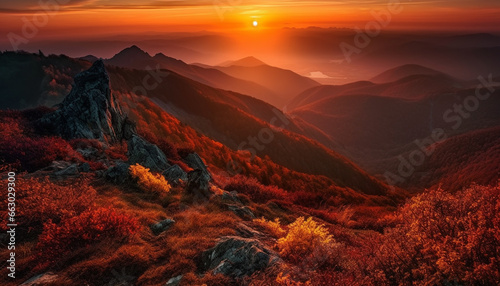 Majestic mountain peak at dawn, surrounded by autumn forest beauty generated by AI © Stockgiu
